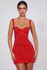 Embellished Sweetheart Corset Mini Dress in Fire Red