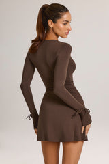 Modal Long-Sleeve Mini Dress in Chocolate Brown