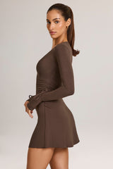 Modal Long-Sleeve Mini Dress in Chocolate Brown