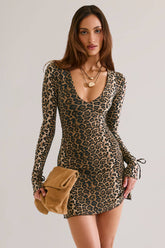 Modal Long-Sleeve Mini Dress in Leopard Print