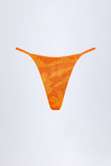 Embellished Thong Bikini Bottoms in Orange Tropical Print