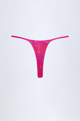 Embellished Thong Bikini Bottoms in Pink Tropical Print