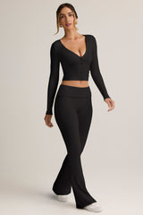 Modal Ribbed Foldover Flared Trousers in Black