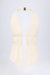 Cut-Out Semi-Sheer Ruched Halterneck Crop Top in Ivory