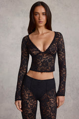 Sheer Lace Plunge-Neck Long-Sleeve Top in Black