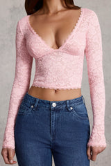 Sheer Lace Plunge-Neck Long-Sleeve Top in Pink