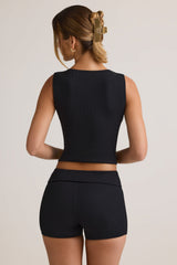 Modal Ribbed Mid-Rise Foldover Shorts in Black