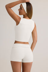 Modal Ribbed Mid-Rise Foldover Shorts in White