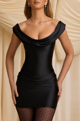 Satin Off-Shoulder Draped Mini Dress in Black