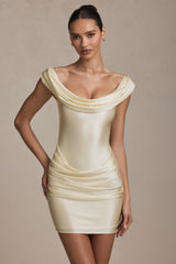 Satin Off-Shoulder Draped Mini Dress in Ivory