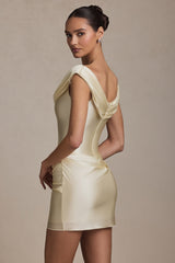 Satin Off-Shoulder Draped Mini Dress in Ivory