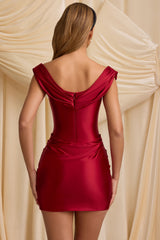 Satin Off-Shoulder Draped Mini Dress in True Red