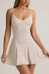 Modal Ribbed Tie-Back A-Line Mini Dress in Pink Yellow Stripe