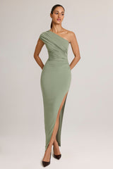 Modal Asymmetric Ruched Maxi Dress in Sage Green