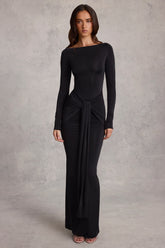Soft Jersey Boat-Neck Tie-Gather Maxi Dress in Black