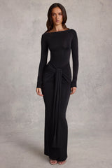 Soft Jersey Boat-Neck Tie-Gather Maxi Dress in Black