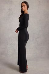 Soft Jersey Boat-Neck Tie-Gather Maxi Dress in Black