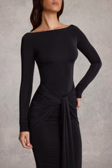 Soft Jersey Boat-Neck Tie-Gather Maxi Dress in Black