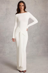 Soft Jersey Boat-Neck Tie-Gather Maxi Dress in White