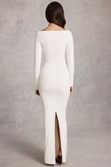 Soft Jersey Boat-Neck Tie-Gather Maxi Dress in White