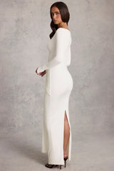 Soft Jersey Boat-Neck Tie-Gather Maxi Dress in White