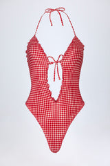 Ruffled Cut-Out Halterneck Swimsuit in Red Gingham