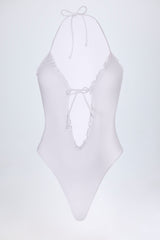 Ruffled Cut-Out Halterneck Swimsuit in White
