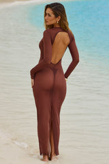 Sheer Open-Back Maxi Dress in Chocolate Brown