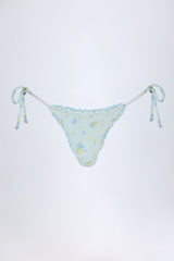 Side-Tie Thong Bikini Bottoms in Blue Floral