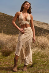 Ruffled Asymmetric Mid-Rise Maxi Skirt in Tan Print