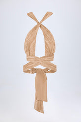 Ruched Halterneck Crop Top in Tan Print