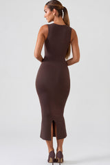 Square Neck Midi Dress in Chocolate Brown