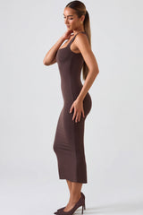 Square Neck Midi Dress in Chocolate Brown