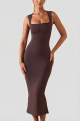 Square Neck Midi Dress in Chocolate Brown