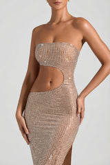 Embellished Cut-Out Bandeau Maxi Dress in Honey