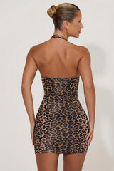 Ruched Halterneck Bodycon Mini Dress in Leopard