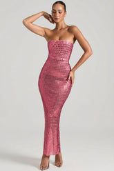 Embellished Strapless Bandeau Maxi Dress in Watermelon