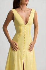 Cotton-Poplin A-Line Midaxi Dress in Pastel Yellow