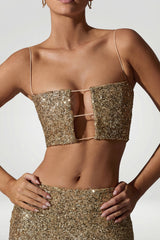 Embellished Cut-Out Crop Top in Gold