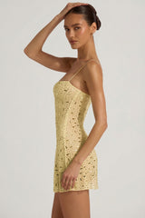 Sheer Embellished Square-Neck Mini Dress in Yellow