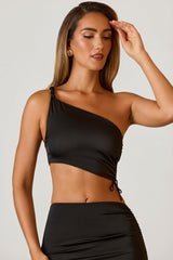 Ruched Asymmetric Crop Top in Black