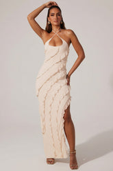 Cross Strap Ruffle Floor Length Dress in Ivory