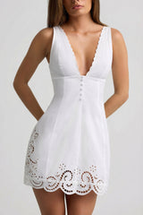 Cutwork Cotton-Poplin A-Line Mini Dress in White