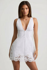 Cutwork Cotton-Poplin A-Line Mini Dress in White