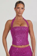 Embellished Halterneck Corset Top in Magenta