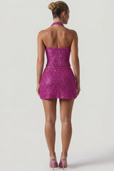 Embellished Halterneck Corset Top in Magenta