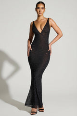 Embellished Plunge Neck Evening Gown in Black
