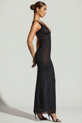 Embellished Plunge Neck Evening Gown in Black