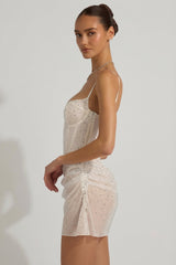Semi-Sheer Embellished Draped Corset Mini Dress in White