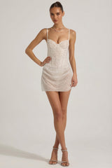 Semi-Sheer Embellished Draped Corset Mini Dress in White